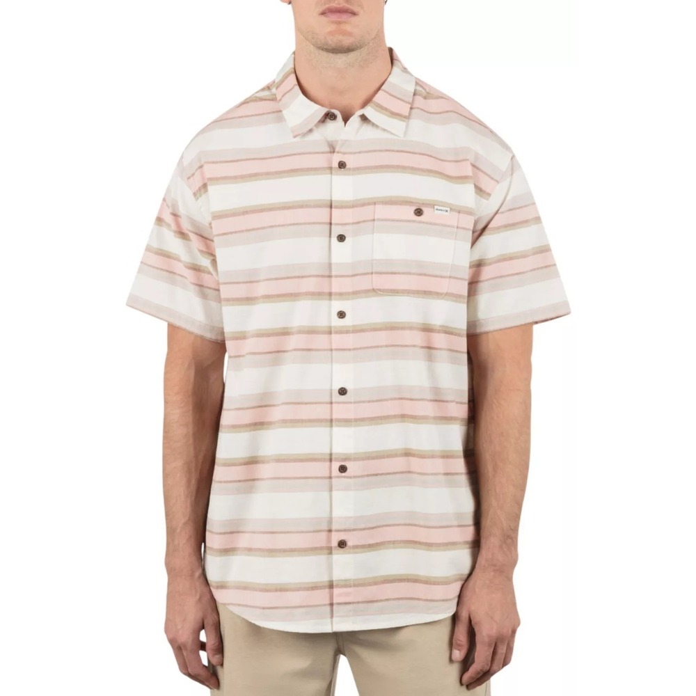 Hurley Lido Stripe Short Sleeve Shirt Bone Retro Pink‎ White XXL NWT MSRP $60